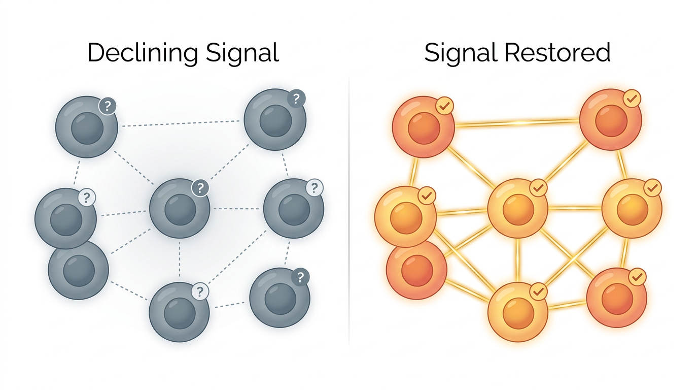 Side-by-side comparison showing declining cellular signal with weak communication versus restored signal with strong coordination between cells