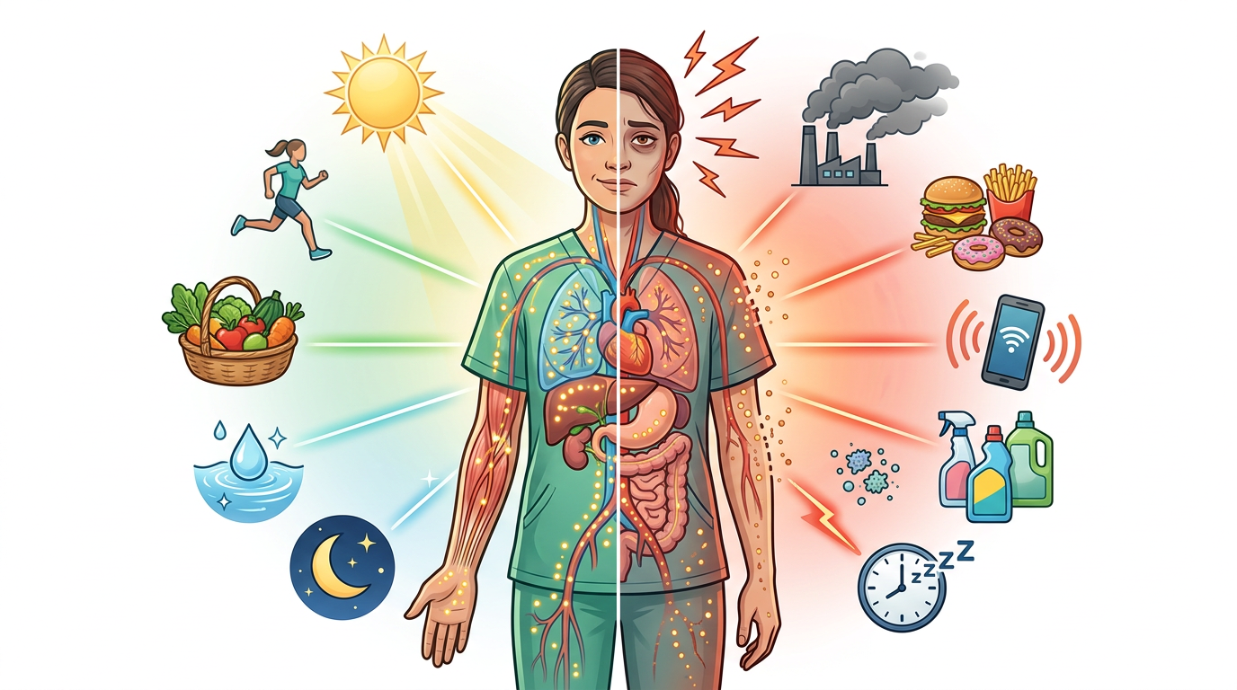 Illustration showing a person surrounded by modern environmental stressors on one side and healthy natural stressors on the other