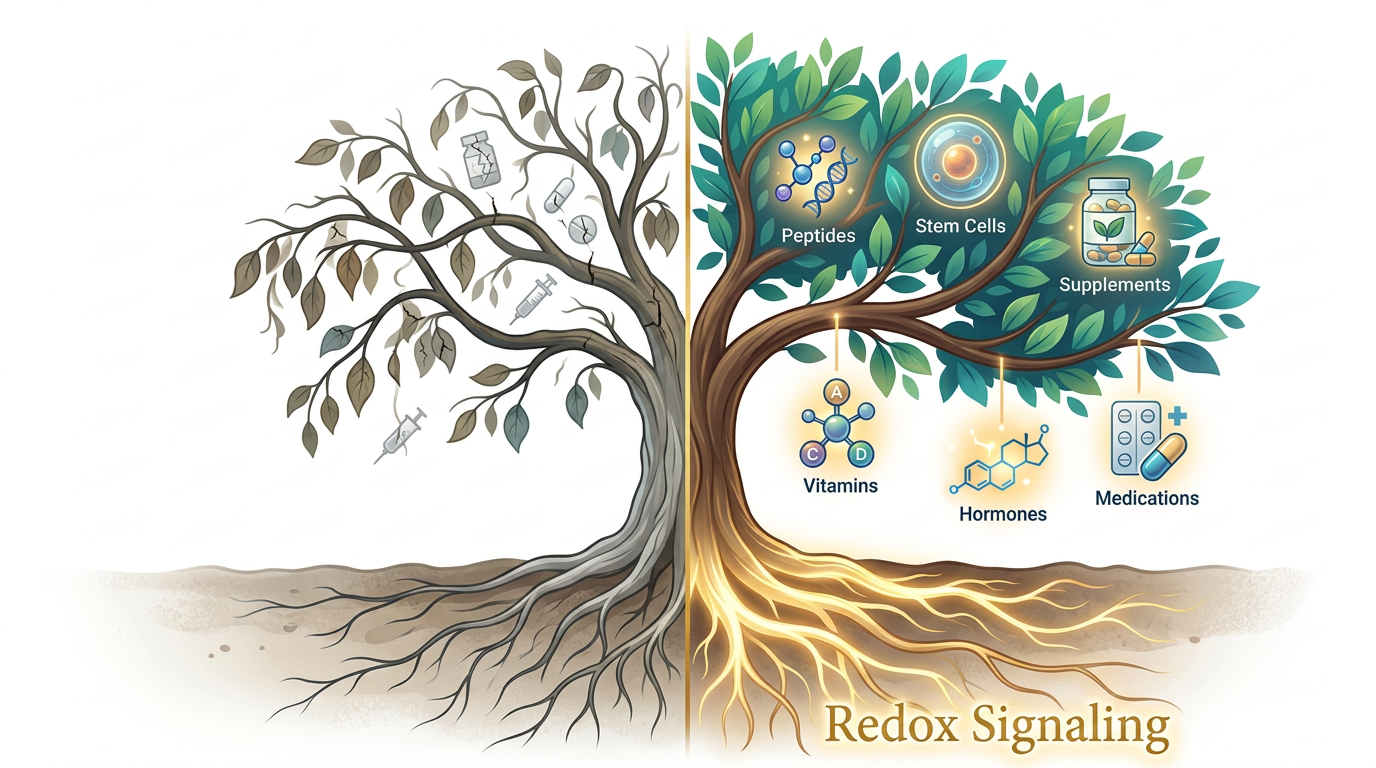 Tree illustration showing redox signaling as the root system supporting all health interventions — peptides, stem cells, vitamins, hormones, medications all depend on it
